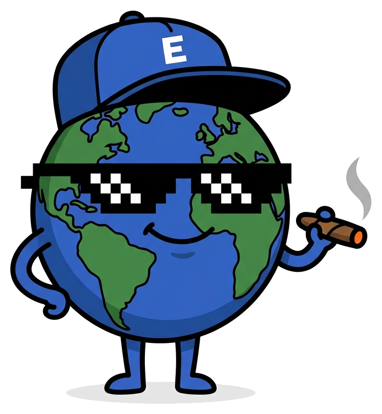 Languy — flat-vector globe mascot with pixel sunglasses and a cigar
